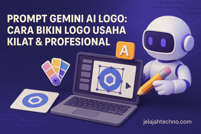 Contoh prompt Gemini AI untuk desain logo usaha. Hasil cepat, estetik, dan siap pakai untuk bisnis kuliner, fashion, dan jasa teknologi.