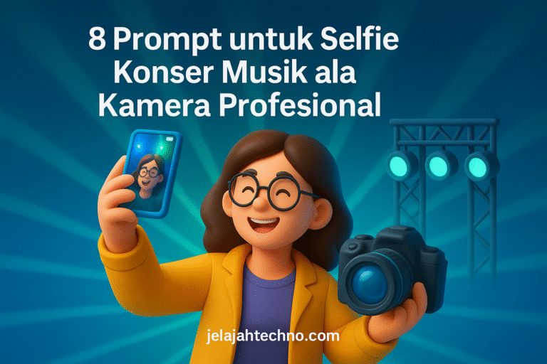 Gemini AI bisa bikin selfie konser seperti hasil kamera pro. Coba 10 prompt edit foto selfie konser dengan cahaya panggung dan crowd nyata.
