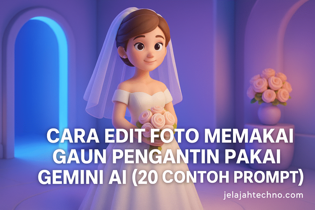 Edit foto wajah jadi pengantin cantik dengan Gemini AI. Lihat 20 contoh prompt gaun pengantin dari gaya modern, klasik, hingga hijab elegan.