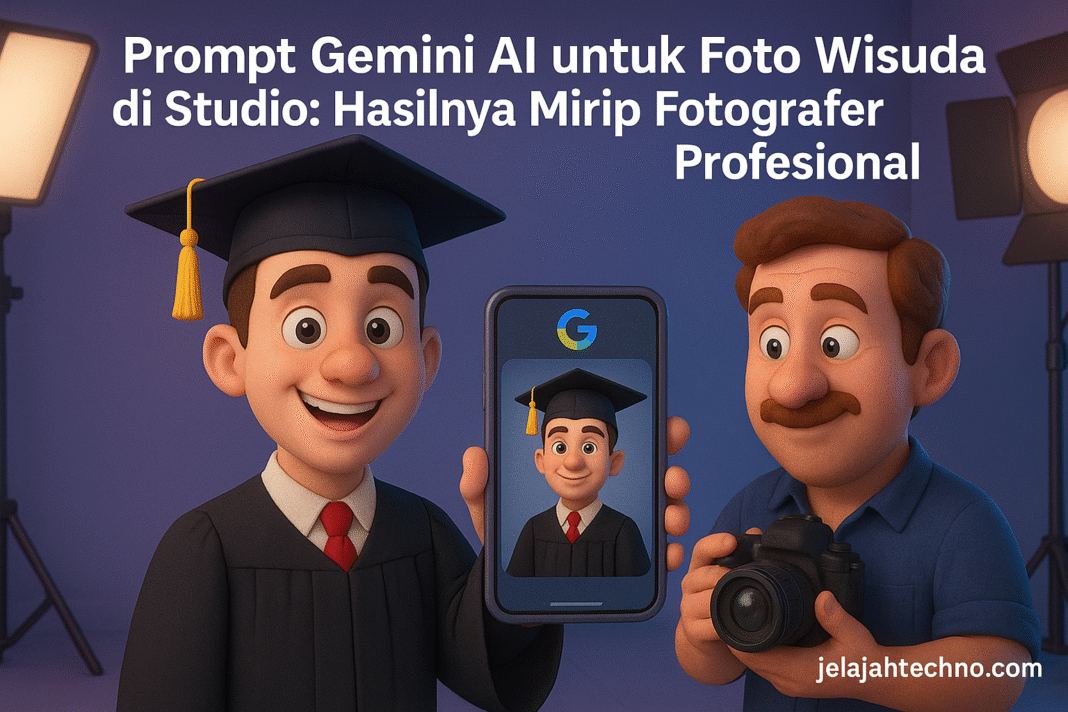 Gunakan prompt Gemini AI foto wisuda untuk hasil foto bergaya studio yang elegan, cerah, dan tampak nyata. Cocok untuk posting media sosial.