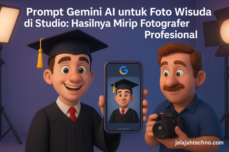Gunakan prompt Gemini AI foto wisuda untuk hasil foto bergaya studio yang elegan, cerah, dan tampak nyata. Cocok untuk posting media sosial.