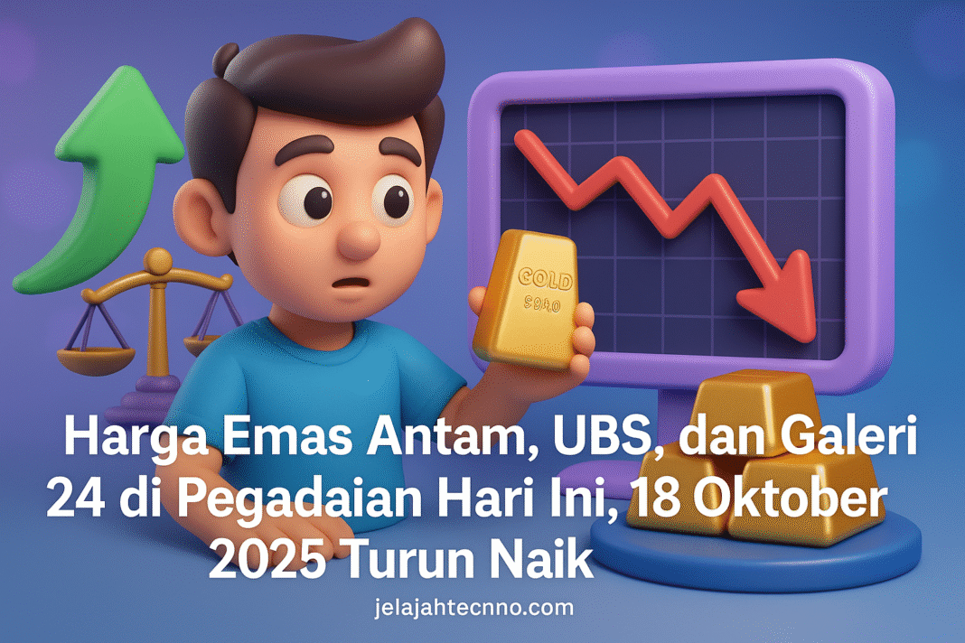 Update harga emas Pegadaian Sabtu, 18 Oktober 2025: Antam dan UBS turun tajam, sementara Galeri 24 justru naik di semua ukuran.